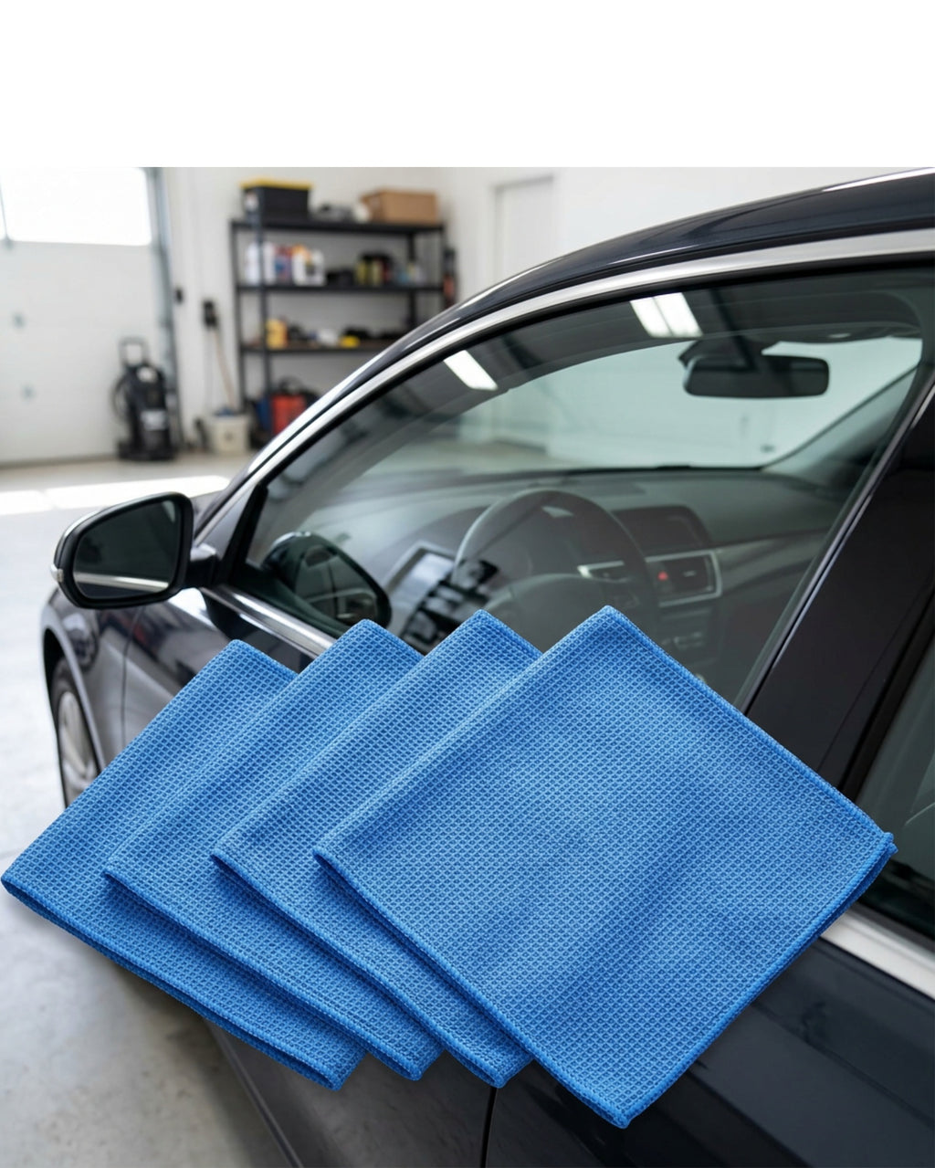 Kamxg Glassgrid Waffle-Weave Auto Glass Cloths 16 x 16 in Blue 4 Pack - Lifestyle view